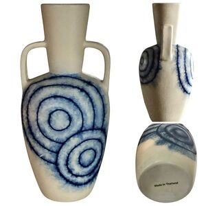 Thailand Natural & Blue Double Handled Artesian Pottery Vase Aztec Design New